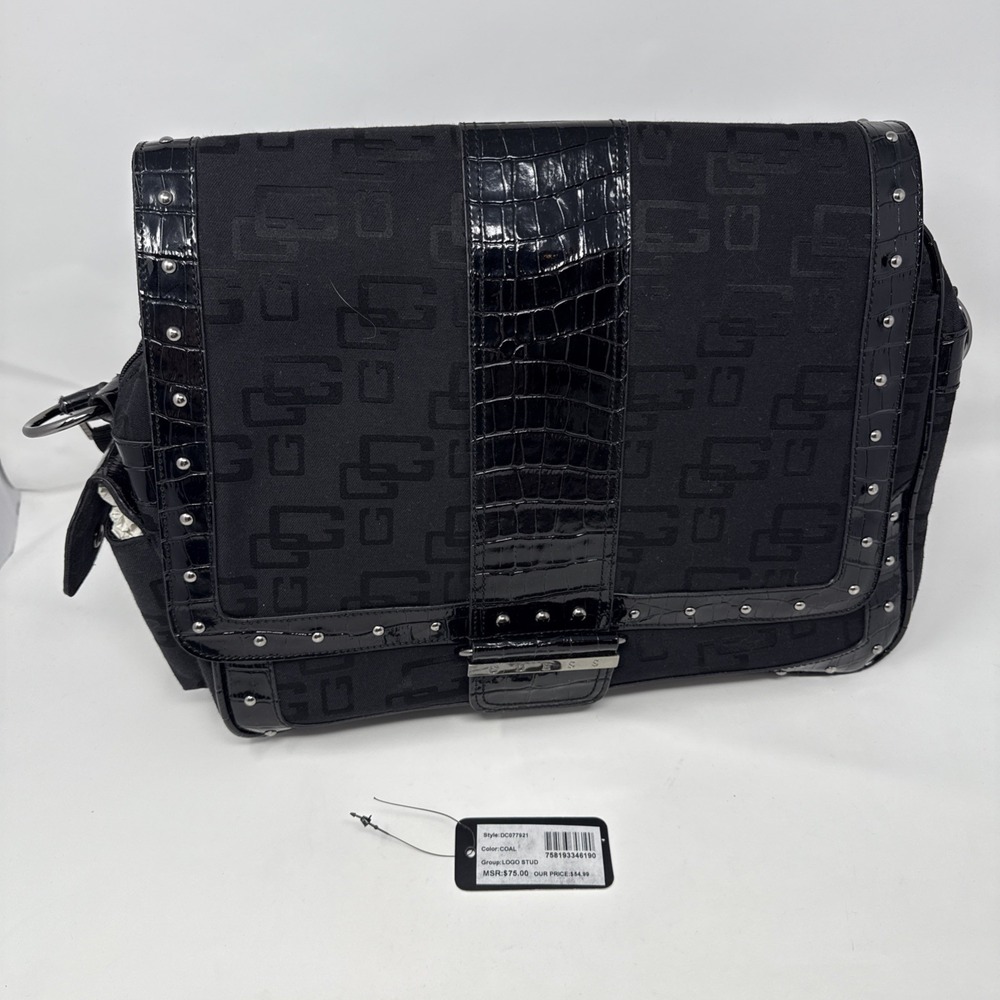 Vtg 90s Y2K Guess Black‎ Messenger Cross Bag Vegan Big O-Ring Studded Streetwear